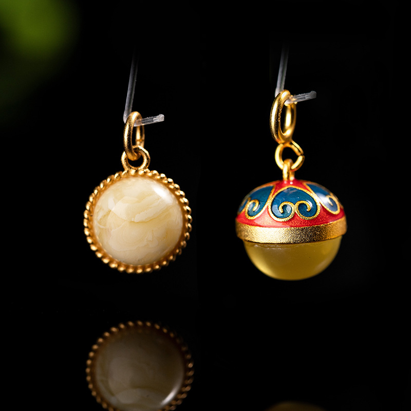 925银镀金镶嵌天然琥珀蜜蜡白花蜡小挂坠滴溜铃铛吊坠手串DIY配件