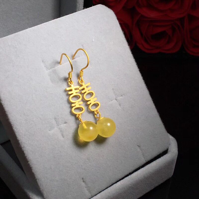 天然水晶耳坠琥珀蜜蜡耳勾925银镀古法金双喜耳环饰品圆珠