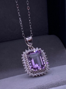 紫水晶吊坠天然紫晶方形吊坠925银镶嵌网红紫色项链锁骨链直播货