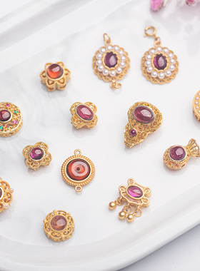 星雨 天然石榴石紫牙乌镶嵌葫芦四叶草银饰 手链手工饰品DIY配件