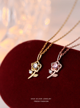 925纯银金色玫瑰花项链女小众INS设计感冷淡风法式小众吊坠锁骨链