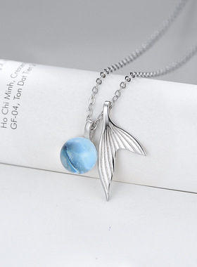 s925银抖音人鱼泡沫项链日韩风简约蓝色水晶美人鱼尾锁骨链女