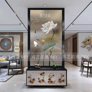 艺术玻璃简约现代玄关鞋柜上隔断背景墙新中式工艺玻璃雕刻荷花鱼