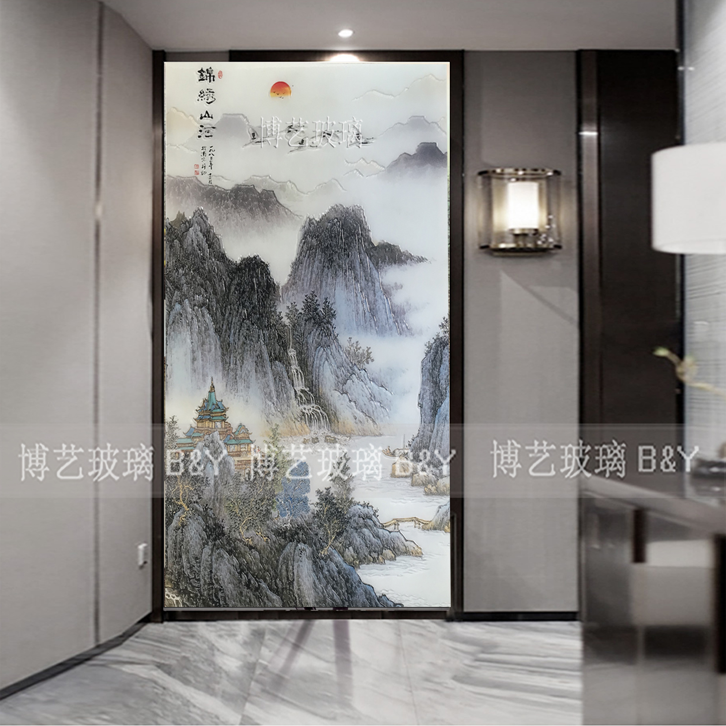 艺术玻璃别墅大厅背景过道玄关隔断屏风山水画浮雕高档工艺新中式