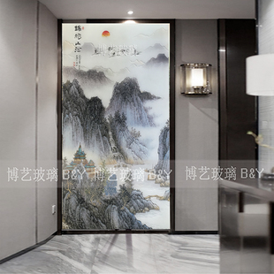 艺术玻璃别墅大厅背景过道玄关隔断屏风山水画浮雕高档工艺新中式
