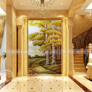 玄关背景艺术玻璃发财树隔断屏风鞋柜上移门现代美式简欧雕刻玻璃