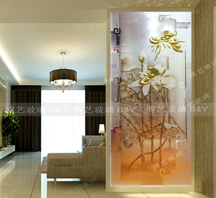 艺术玻璃背景墙简欧现代风格 玄关荷花立体深雕金箔超白玻璃隔断