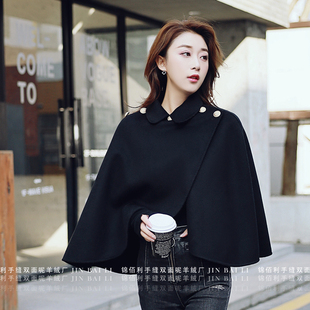 25秋冬新款赫本风双面羊毛大衣女士宽松短款高端黑色毛呢斗篷外套