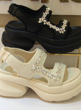 哈森HARSON正品2025夏季新款水钻软厚底舒适百搭女凉皮鞋HM258406