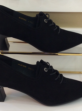 哈森HARSON正品2025新款春秋季高粗跟尖头系带优雅女单鞋HL257906