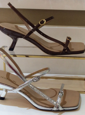 断码特惠哈森HARSON正品夏季时尚高细跟露趾方头女凉皮鞋HM246503