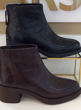 哈森HARSON专柜正品2025冬季新款中粗跟尖头短筒真皮女靴HA253401