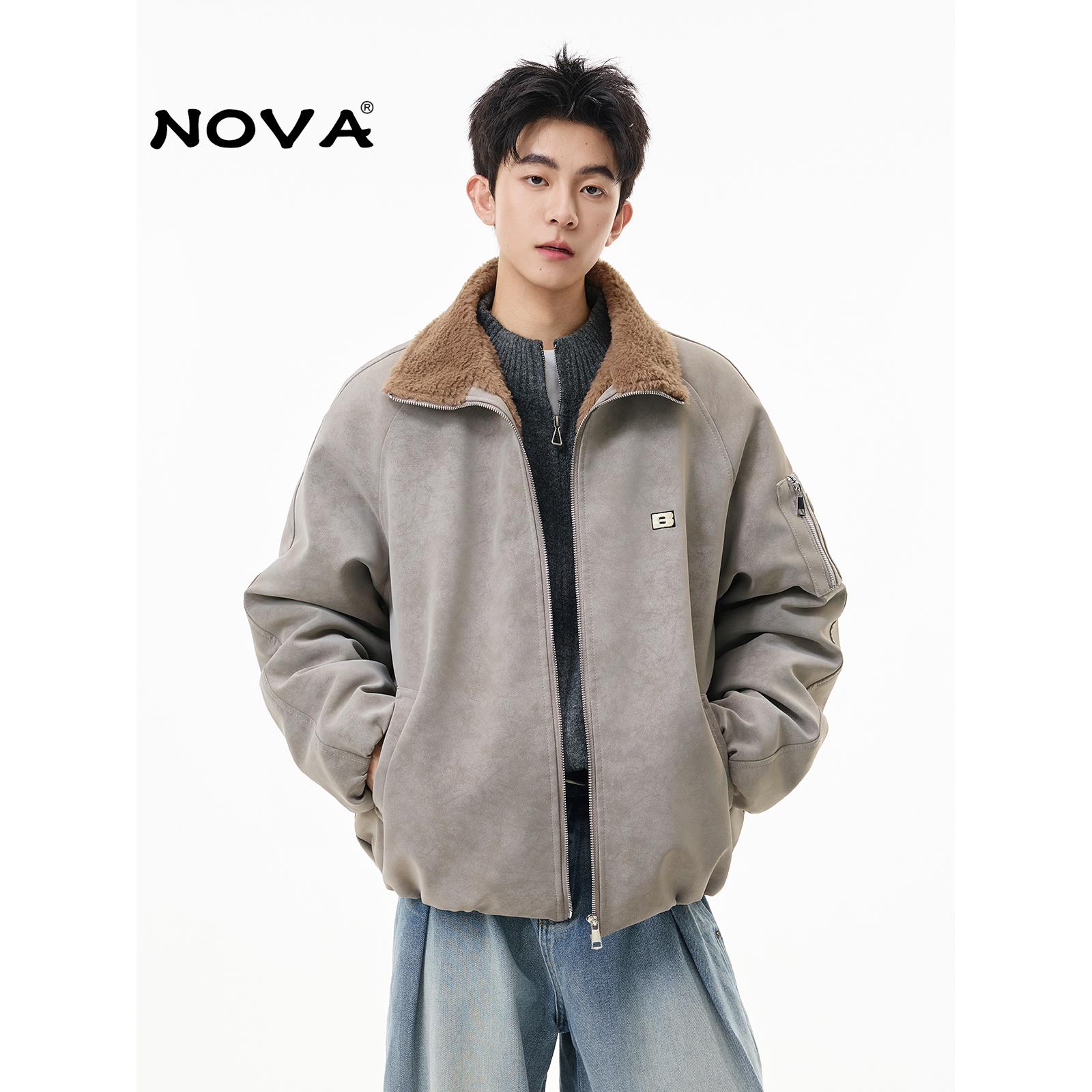 【意大利Nova潮牌】美式羊羔绒棉衣外套男款冬季宽松pu皮加厚棉服