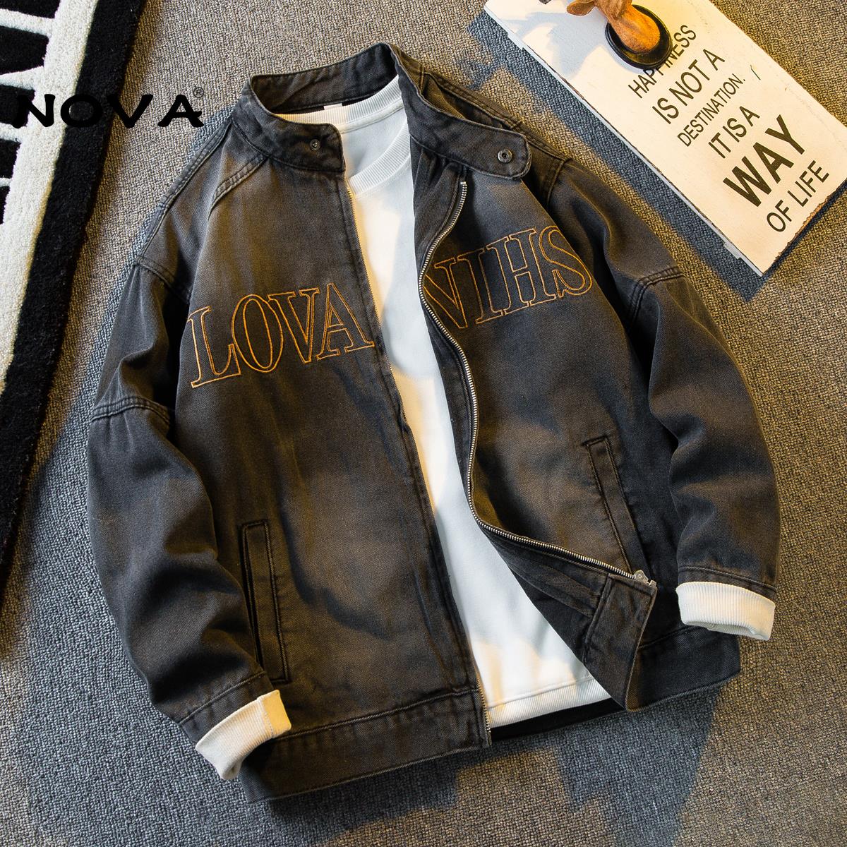 【意大利高端潮牌】美式覆古Cleanfit短款立领夹克男秋冬牛仔外套