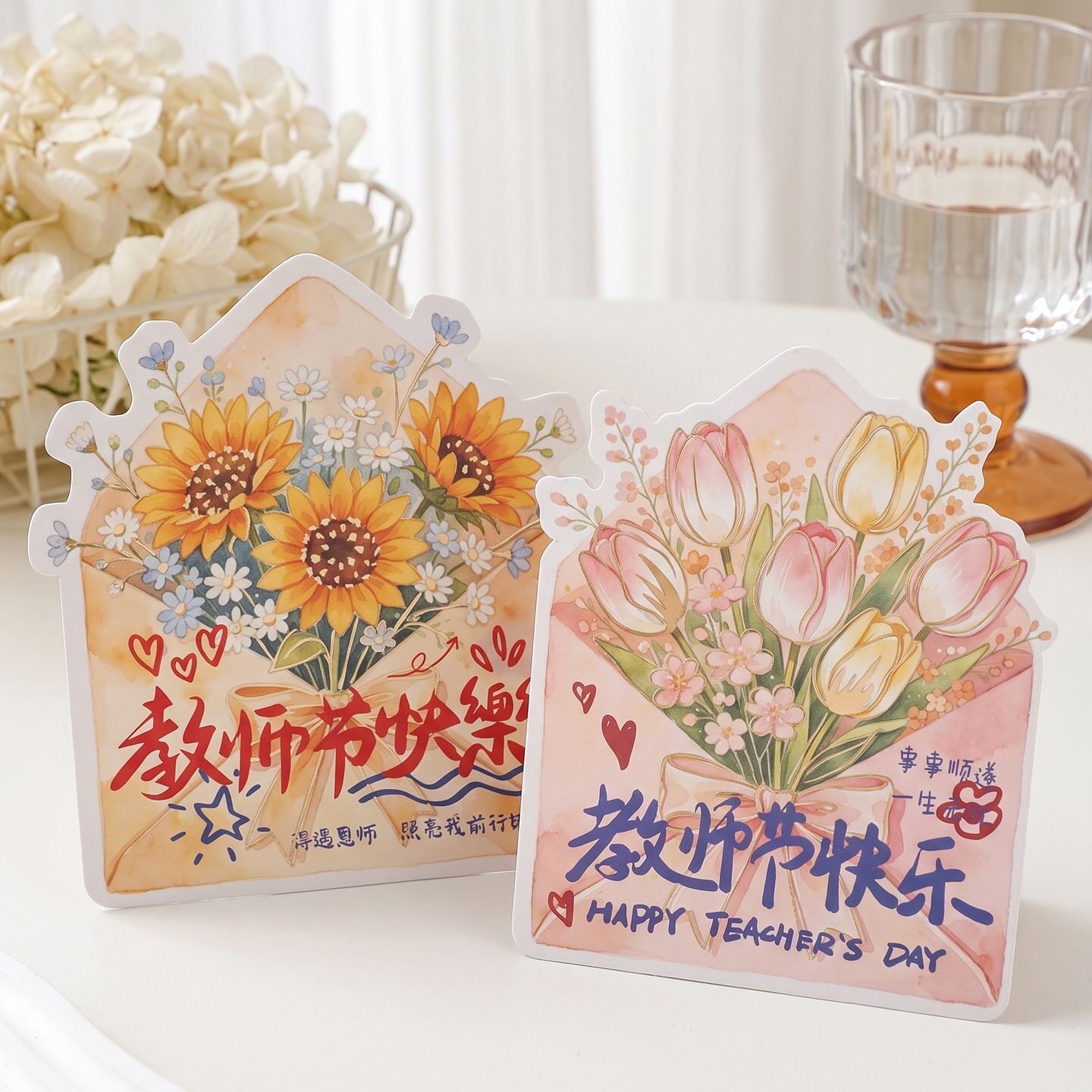 教师节烫金双面贺卡花束信封式卡片创意感恩送老师礼物手写留言卡图片