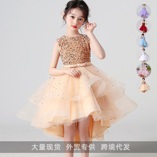 2026夏季爆款女童无袖亮片拖尾连衣裙中长公主钢琴演出礼服裙蓬蓬