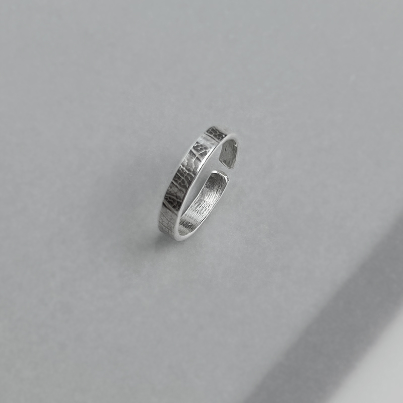 足银开口戒指叶纹素圈设计感银戒