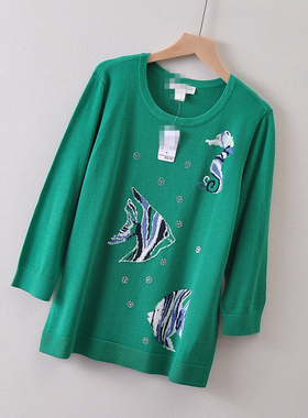 美国单christop**ks原~烫钻提花七分袖针织衫 纯棉上衣春季女装