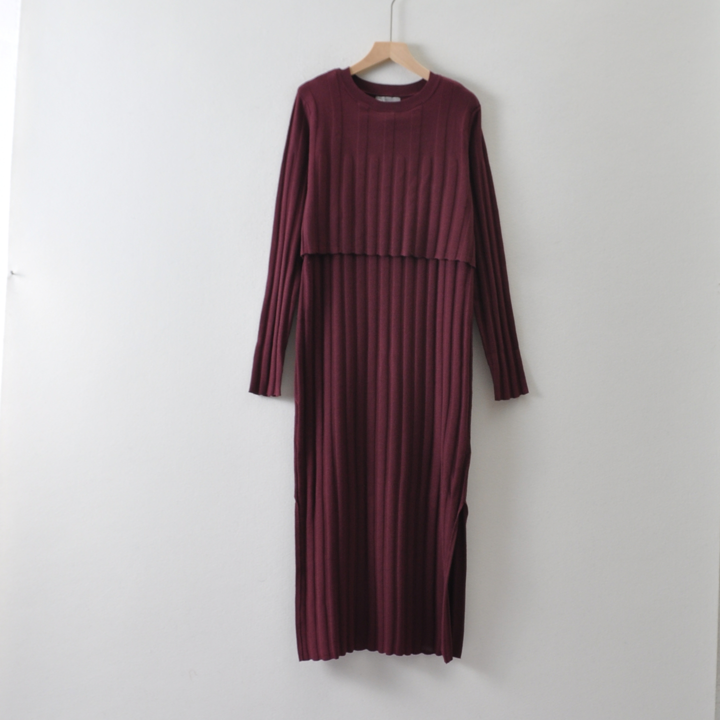 外贸英国单aso*女装~假两件套针织连衣裙秋冬季 高个子圆领超长裙