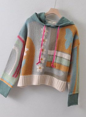 外贸米国单natu* lif*女装~连帽长袖毛衣秋冬 提花拼色宽松针织衫