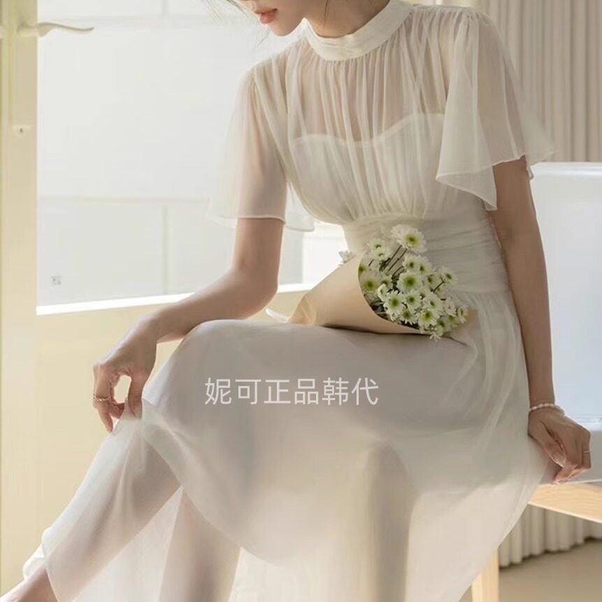 妮可家包邮韩国东大门正品代购春夏新款气质女神褶皱雪纺连衣裙