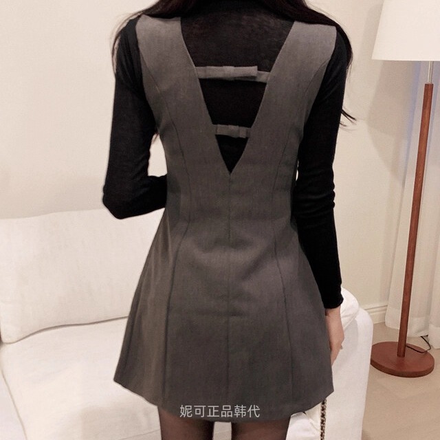 妮可家包邮韩国东大门正品代购秋冬新款气质深V镂空蝴蝶结背心裙