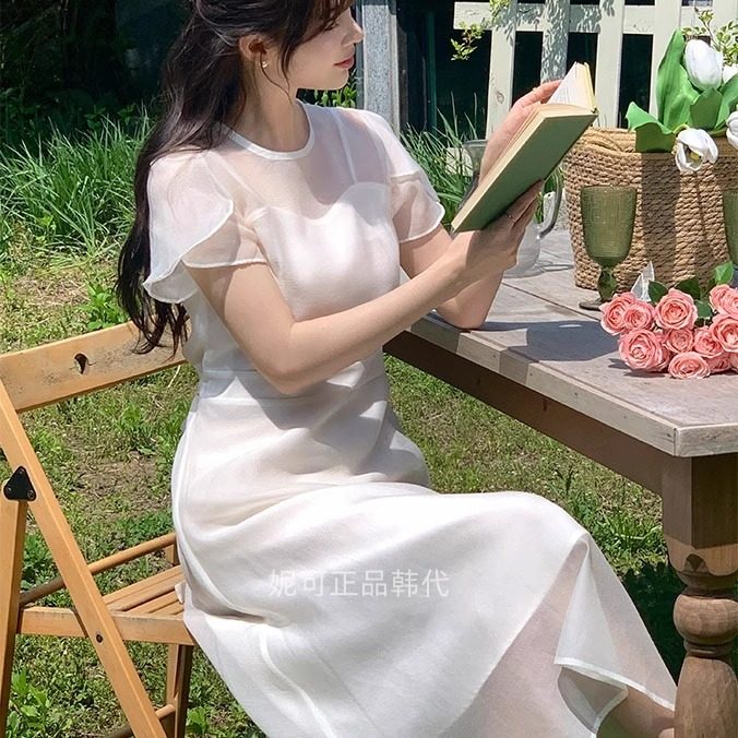 妮可家包邮韩国东大门正品代购夏新款浪漫气质花瓣袖连衣裙长短款