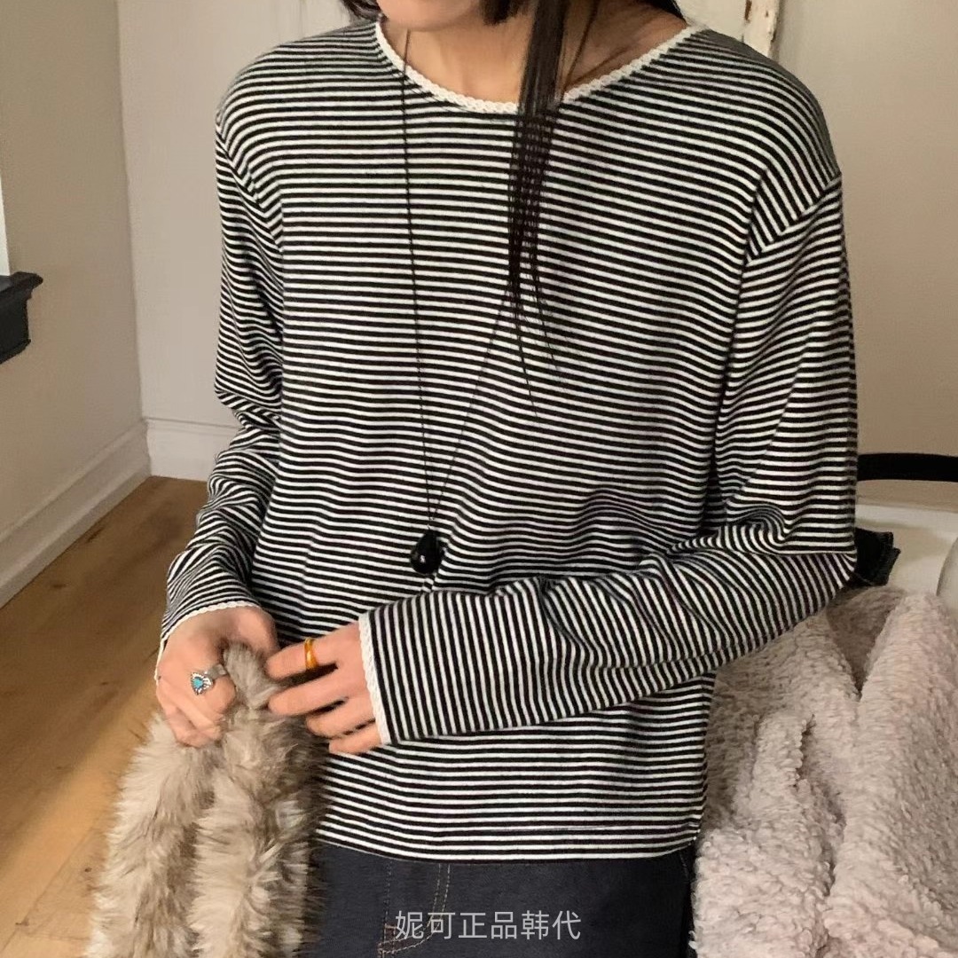 妮可家包邮韩国东大门正品代购秋冬新款复古百搭花边磨毛条纹T恤