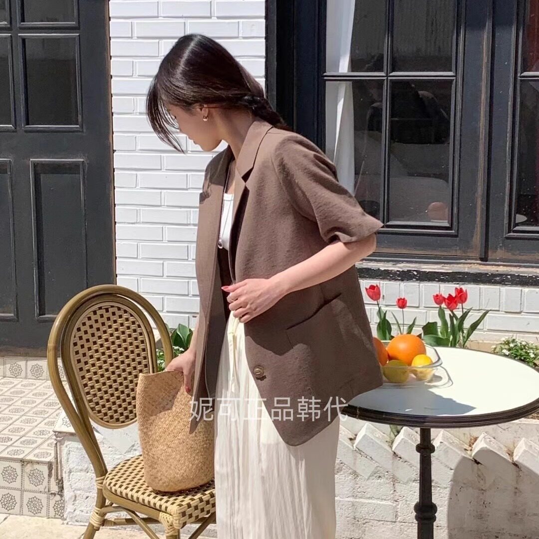 现货妮可家包邮韩国东大门正品代购春夏简约风品质麻料短袖西装