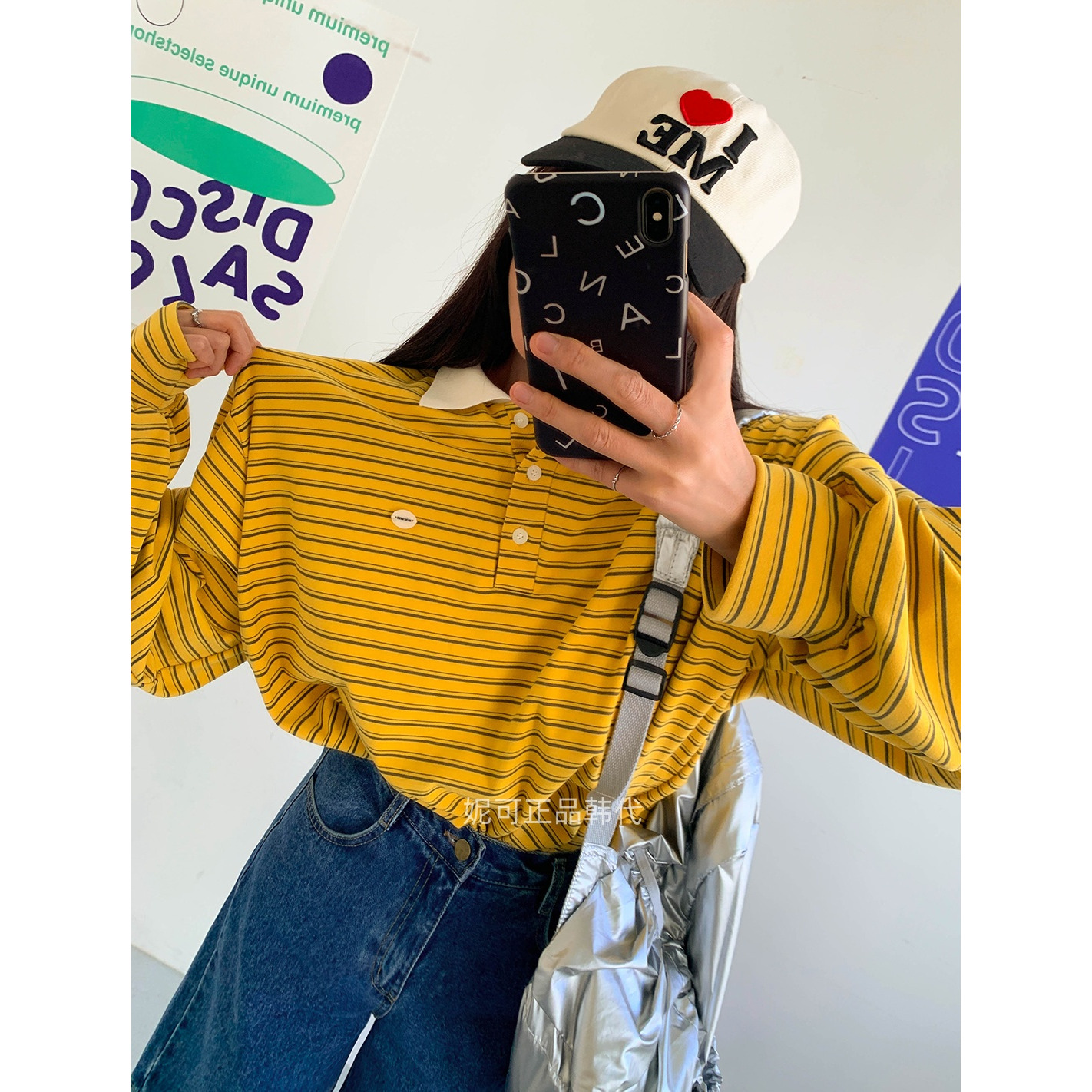 妮可家包邮韩国东大门正品代购秋季新款休闲POLO领条纹T恤大码