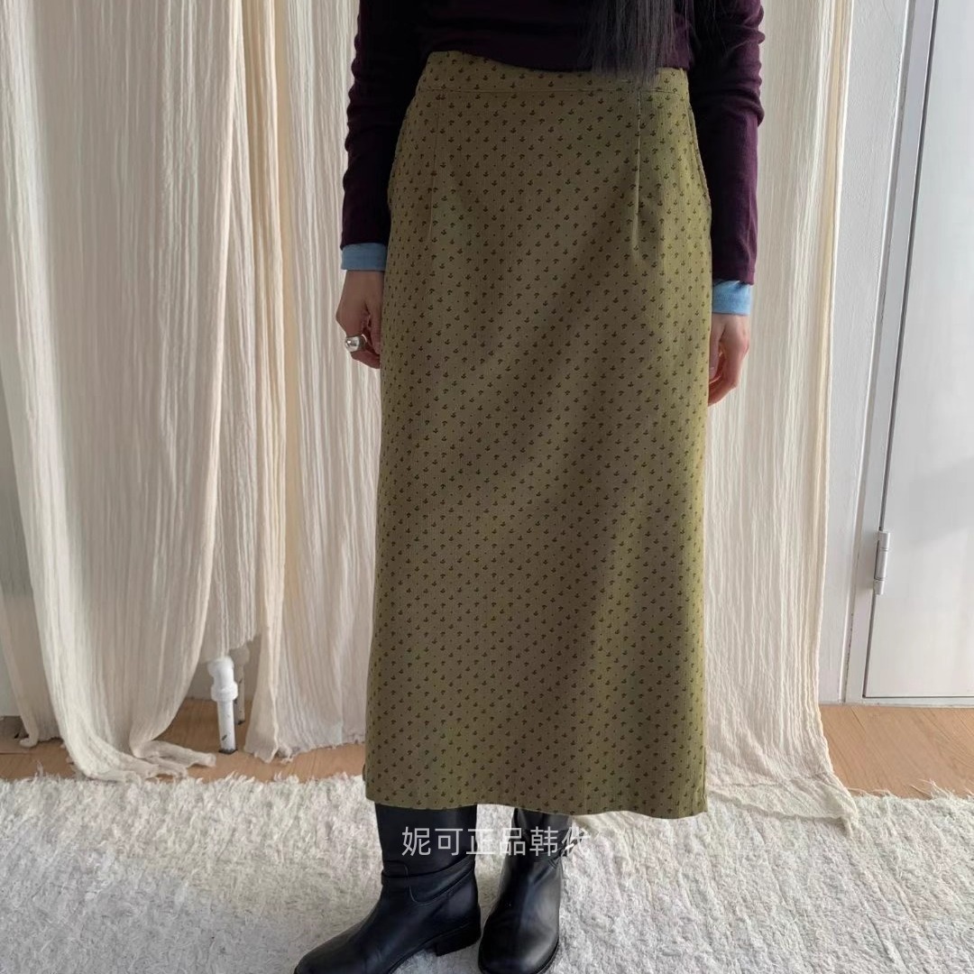 妮可家包邮韩国东大门正品代购秋冬新款复古碎花灯芯绒开叉半身裙