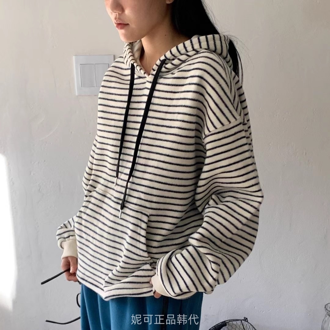 妮可家包邮韩国东大门正品代购秋冬新款休闲条纹宽松连帽针织卫衣