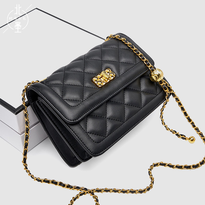 北墨包包女2023新款菱格链条包小香风小金球包真皮女包斜挎包小包