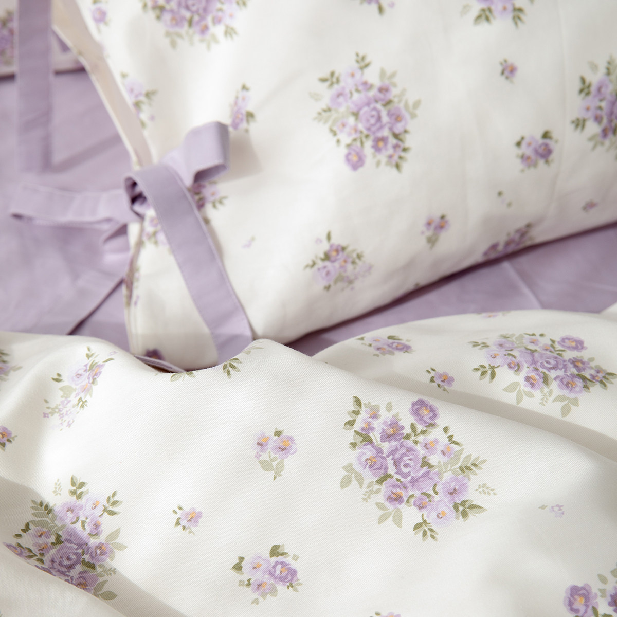 蜗牛塔｜唱情歌｜蓝紫色碎花蝴蝶结荷叶边纯棉斜纹床品三/四件套