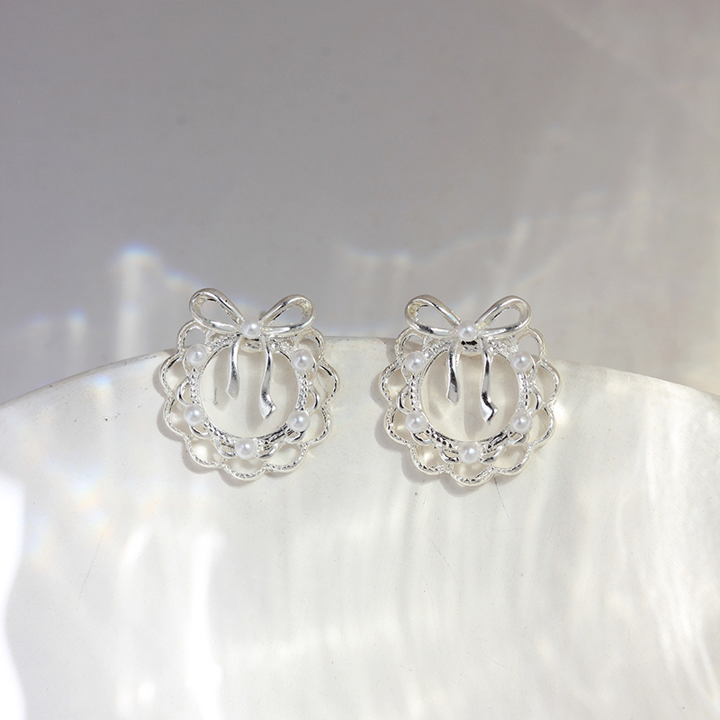 小清新梦幻蝴蝶结蕾丝花环珍珠耳环独特气质甜美耳钉时尚潮流耳饰