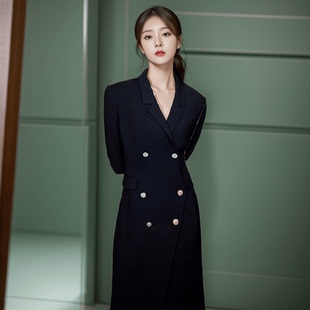 欧购杨紫同款黑色西装长款连衣裙气质职业高级感开叉女裙子春夏新