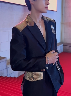 姚琛明星同款男士轻奢黑色西装镶钻金色撞色设计高级感宴会西服潮