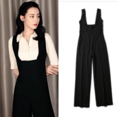 黑色连体裤 套装 女修身 欧购迪丽热巴同款 显瘦高腰直筒阔腿背带裤 子