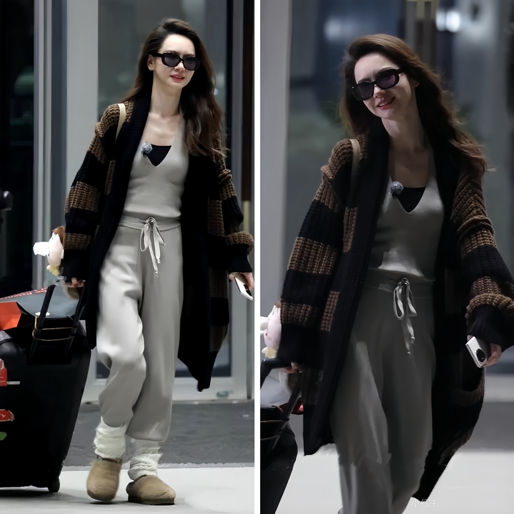 欧购戚薇同款条纹开衫毛衣女秋冬宽松复古慵懒风中长款加厚针织衫