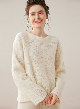 LP同款25年秋冬款五针镂空山羊绒圆领针织衫百搭钩花套头毛衣