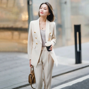 欧购杏色青果领西装女夏装小个子今年流行小西服套装轻奢高级感夏