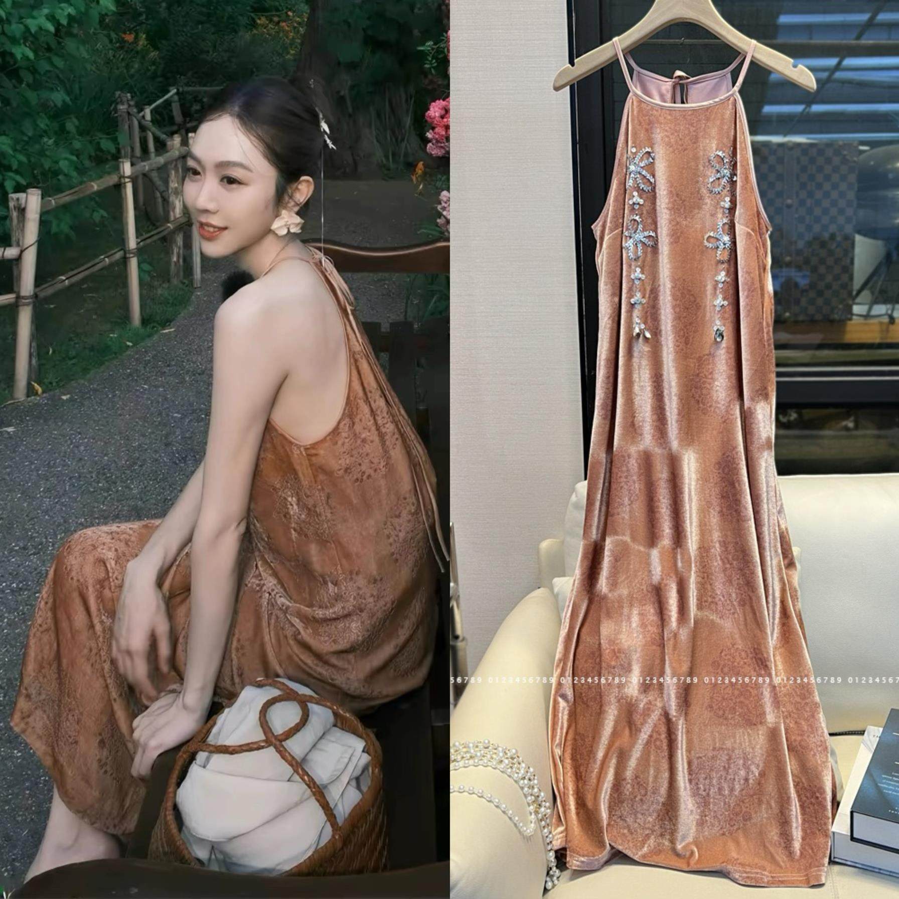 中餐厅姜妍同款新中式丝绒刺绣挂脖吊带连衣裙女夏季国风长款裙子,女装/女士精品,连衣裙,淘宝优惠券,粉丝福利购,淘宝优惠卷