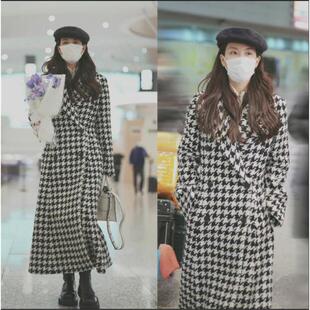 欧购2025秋冬孙艺珍王菲菲明星同款千鸟格毛呢中长款外套双排扣大