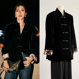 欧购朱珠同款设计感减龄唐装新中式中国风潮流黑色丝绒衬衫女春