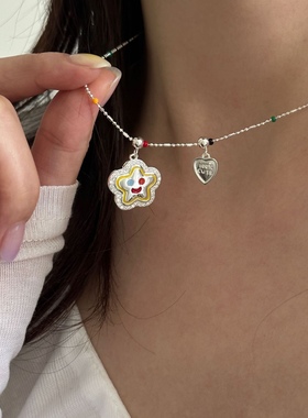 925纯银彩虹豆豆花朵项链女简约小众设计彩色笑脸爱心锁骨链