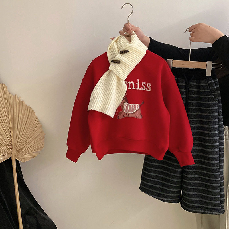 喵小姐女童韩版冬季新款围巾卡通小马加绒卫衣百搭休闲加绒条纹裤