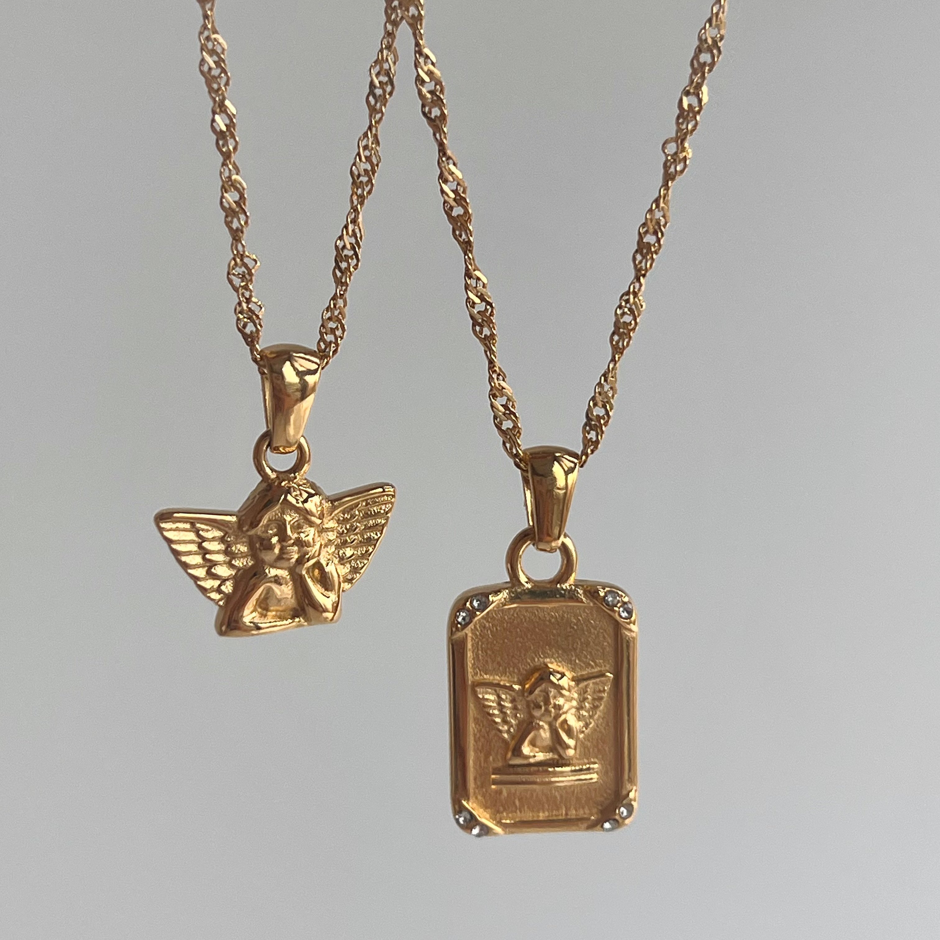 欧美小众复古sweetpeeps宋研霏同款守护天使镶钻方牌钛钢防水项链