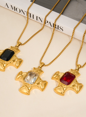 【DASEIN】法式精致优雅十字架吊坠项链复古红色宝石18k金不掉色