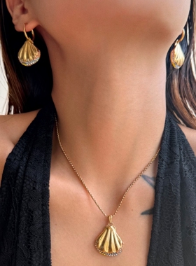 DASEIN ACC欧美夏日BLINGBLING甜美风扇贝贝壳珍珠锆石项链套装