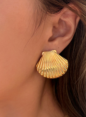 DASEIN ACC欧美夏季时尚通勤单品简约设计扇贝贝壳钛钢金银色耳环